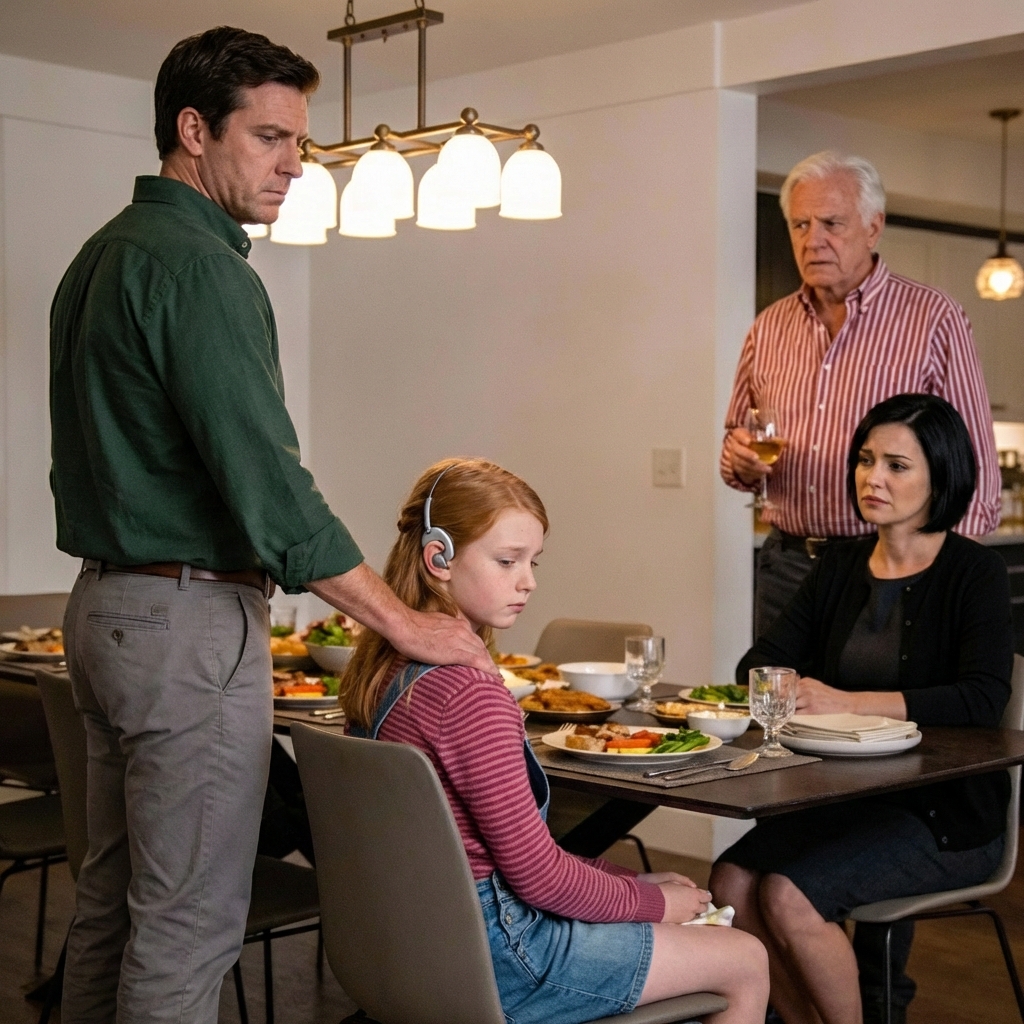 At family dinner, my sister joked that my daughter’s hearing aid looked like a Bluetooth headset. My dad said, “Lighten up, it’s just a joke.” But my husband silently stood, took our daughter’s hand—and showed them the door.