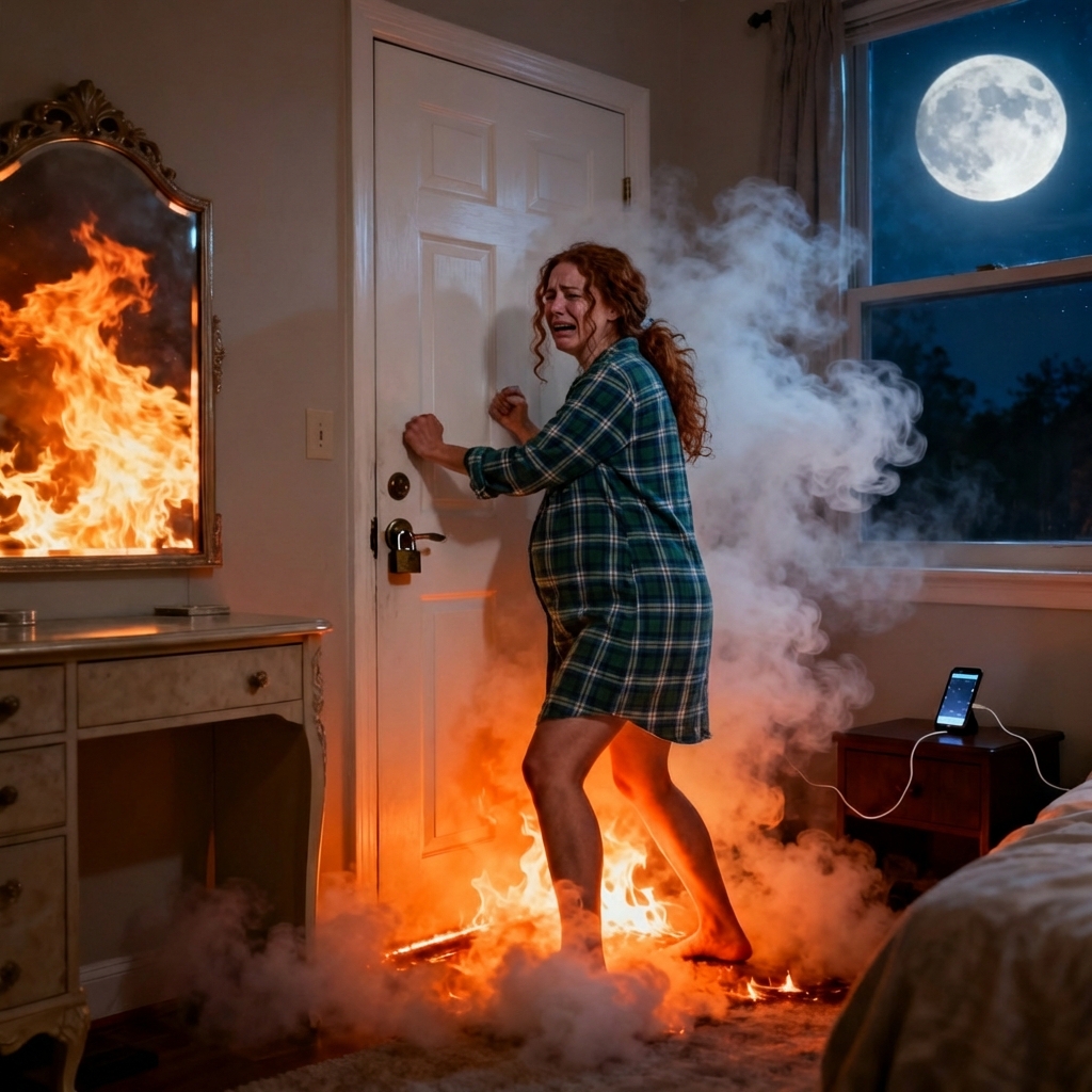 The flames roared around me, heat searing my skin as I struggled against the ropes