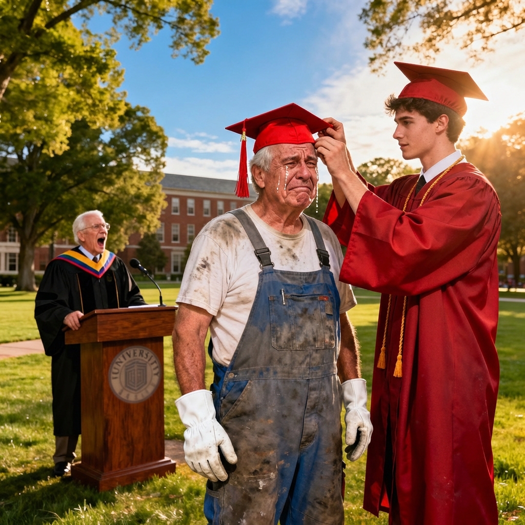 They mocked me for being the garbage collector’s son all through high school. At graduation, I stepped up to the microphone and said one sentence they weren’t ready for. The laughter died instantly—and the gym never sounded the same again.