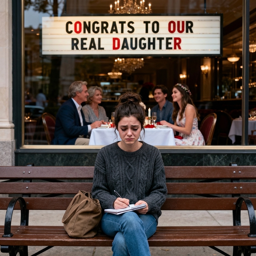 They invited me to a “family celebration,” but the moment I arrived, I realized I wasn’t the one they were celebrating. A giant banner praised their “real daughter,” and everyone laughed at me—until the restaurant owner handed me a note that flipped the entire night upside down.