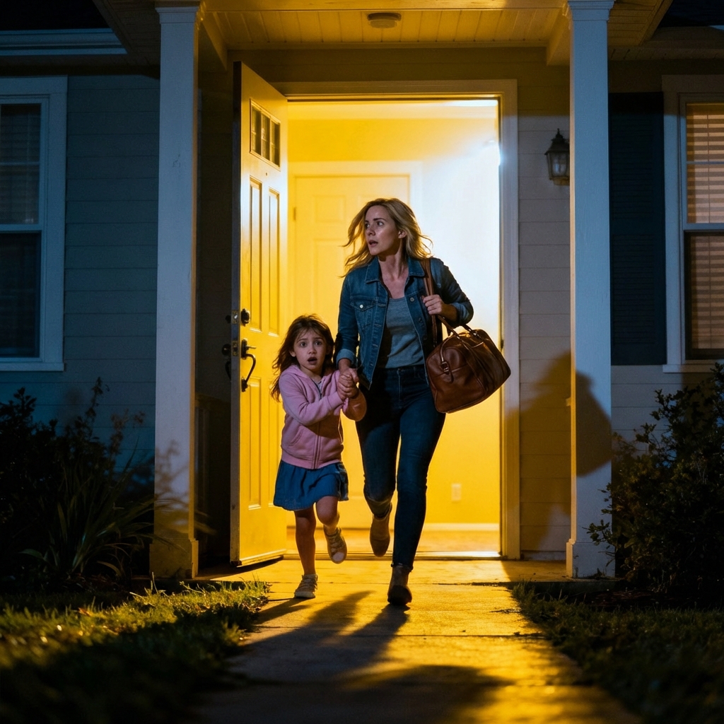 “Mommy, please… we need to leave before he comes back,” my six-year-old begged, her eyes wide with terror. My heart pounded. “What do you mean before he comes back? Daddy just left.” She kept shaking her head. “No. I heard him… he said he forgot something.” I grabbed her bag, opened the front door—and froze when I saw who was standing there. What happened next still haunts me.