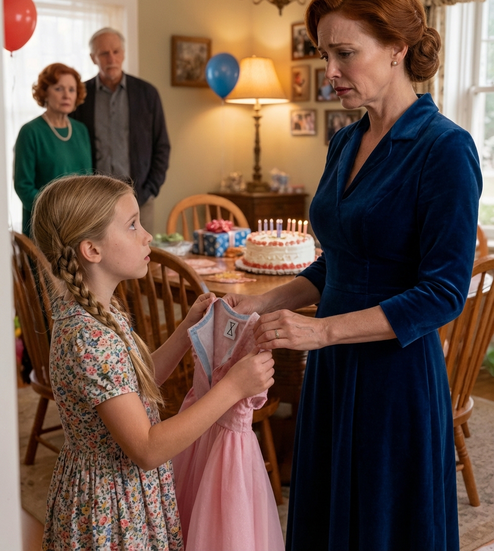 Nel giorno dell’ottavo compleanno di mia figlia, i miei genitori le regalarono un vestito rosa. Lei sembrò felice… finché all’improvviso non si immobilizzò. «Mamma… cos’è questo?» Mi chinai verso di lei e le mani mi iniziarono a tremare. C’era qualcosa nascosto dentro la fodera — qualcosa che qualcuno aveva infilato lì…