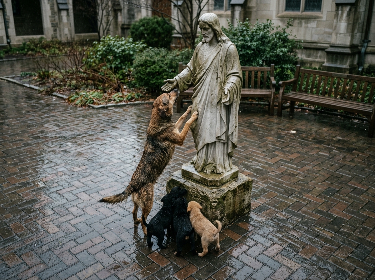 Mamma cane cerca riparo vicino a una gentile statua