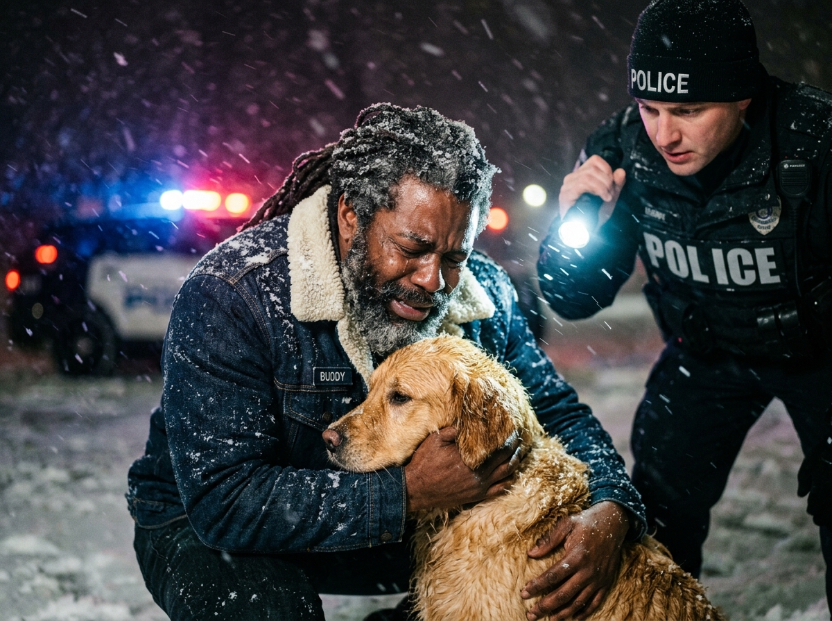 I presenti afferrarono i telefoni e composero il 911 quando un motociclista tatuato cadde in ginocchio accanto a un cane gelato nella neve—finché un agente non notò il nome cucito nella giacca, e tutta la scena cambiò in un istante