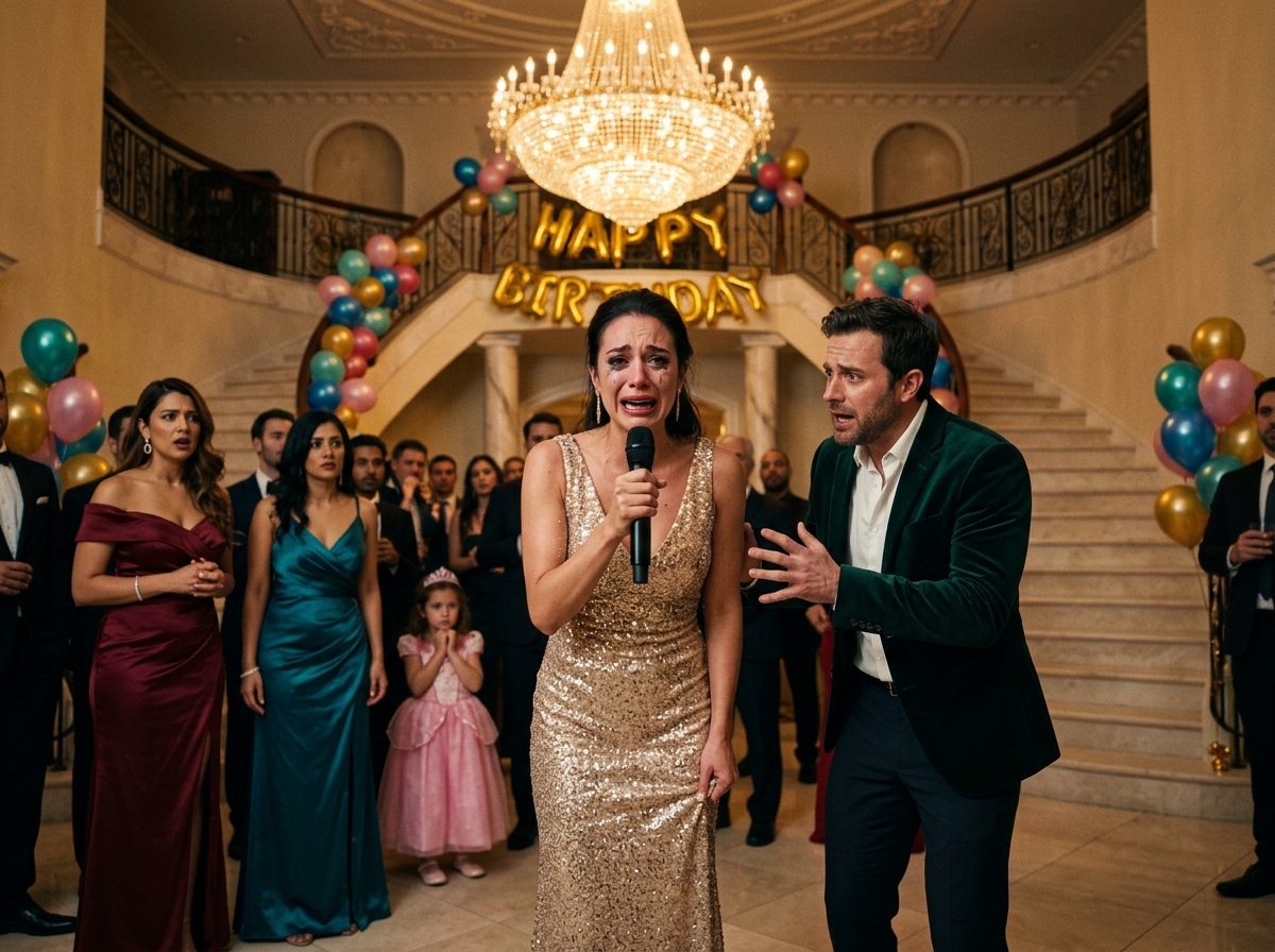 Si è presentata alla festa di compleanno di mia figlia sorridendo come una di famiglia, in piedi accanto a mio marito come se nulla fosse, e per un attimo sconvolgente, tutti gli invitati hanno percepito che qualcosa non andava. Allora ho afferrato il microfono, ho interrotto la festa e ho rivelato la sua vera identità, lasciando tutti i presenti attoniti.